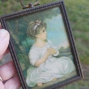 Antique vtg Little girl framed art vanity picture